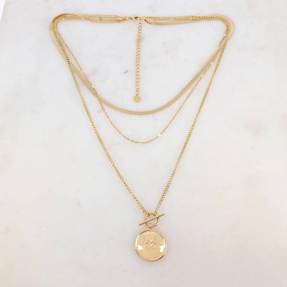 Collier 3 rangs avec maille, anneau style fermoir T, pendentif rond, étoile et strass (38/40/50+7CM)