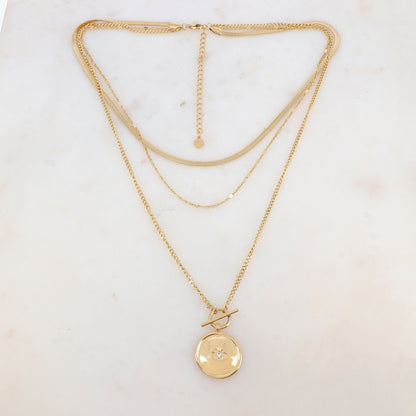 Collier 3 rangs avec maille, anneau style fermoir T, pendentif rond, étoile et strass (38/40/50+7CM)