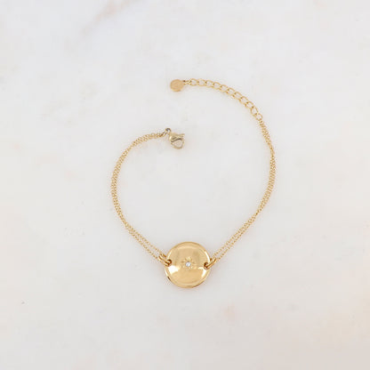 Bracelet deux rangs avec anneaux, pièce carrée, étoile et strass