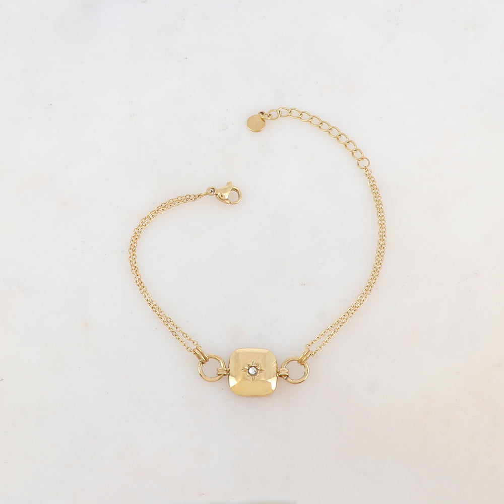Bracelet deux rangs avec anneaux, pièce carrée, étoile et strass