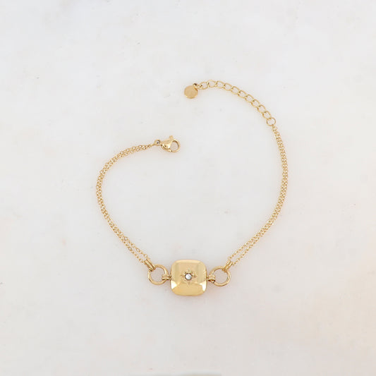 Bracelet deux rangs avec anneaux, pièce carrée, étoile et strass