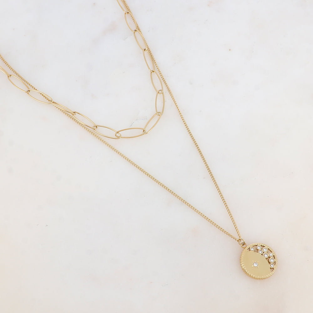Collier 2 rangs avec maille, pendentif rond, étoile et strass (38/50+7CM)