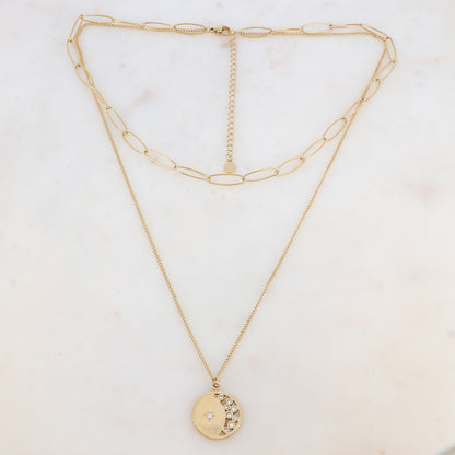 Collier 2 rangs avec maille, pendentif rond, étoile et strass (38/50+7CM)