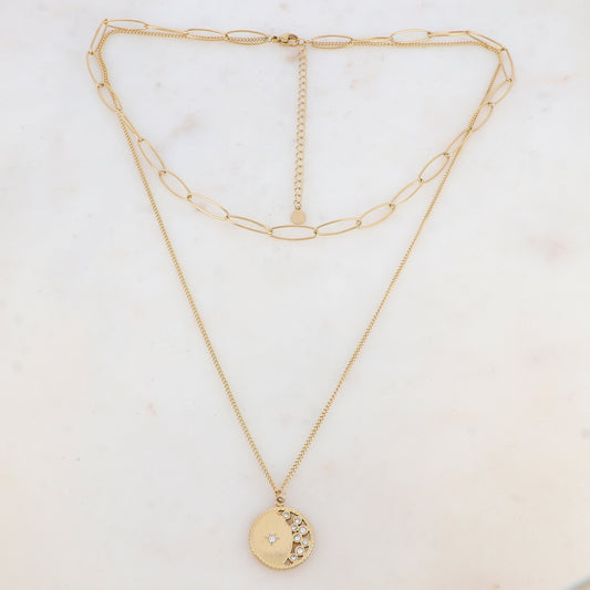 Collier 2 rangs avec maille, pendentif rond, étoile et strass (38/50+7CM)