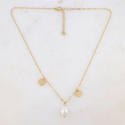 Collier en maille avec pendentif perle d'eau douce, 2 pampilles rondes martelées (40+5CM)