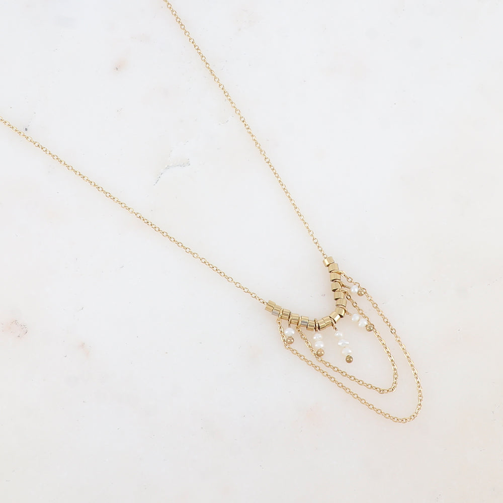 Collier avec chaînes tombantes, petites rondelles et perles d'eau douce (40+5CM)