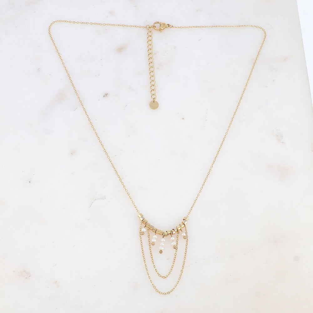 Collier avec chaînes tombantes, petites rondelles et perles d'eau douce (40+5CM)