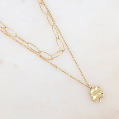 Collier 2 rangs avec maille, pendentif trèfle (38/50+7CM)
