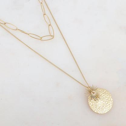 Collier 2 rangs avec maille, soleil et pendentif rond martelé (38/50+7CM)