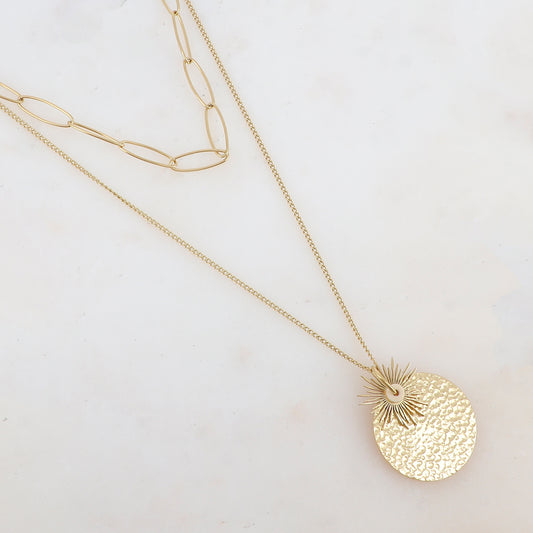 Collier 2 rangs avec maille, soleil et pendentif rond martelé (38/50+7CM)