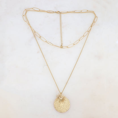 Collier 2 rangs avec maille, soleil et pendentif rond martelé (38/50+7CM)