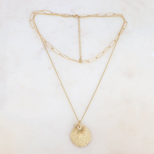 Collier 2 rangs avec maille, soleil et pendentif rond martelé (38/50+7CM)