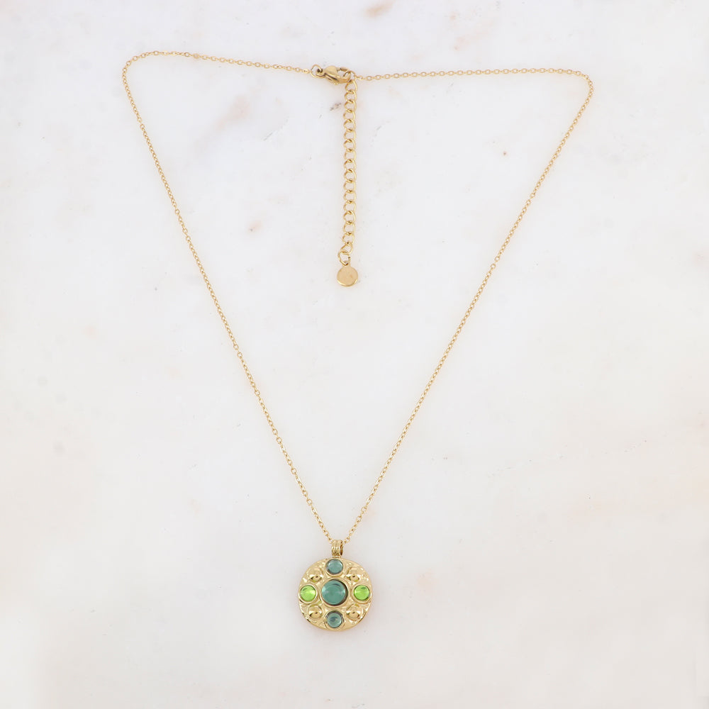 Collier avec pendentif rond et 5 pâtes de verre rondes (40+5CM)