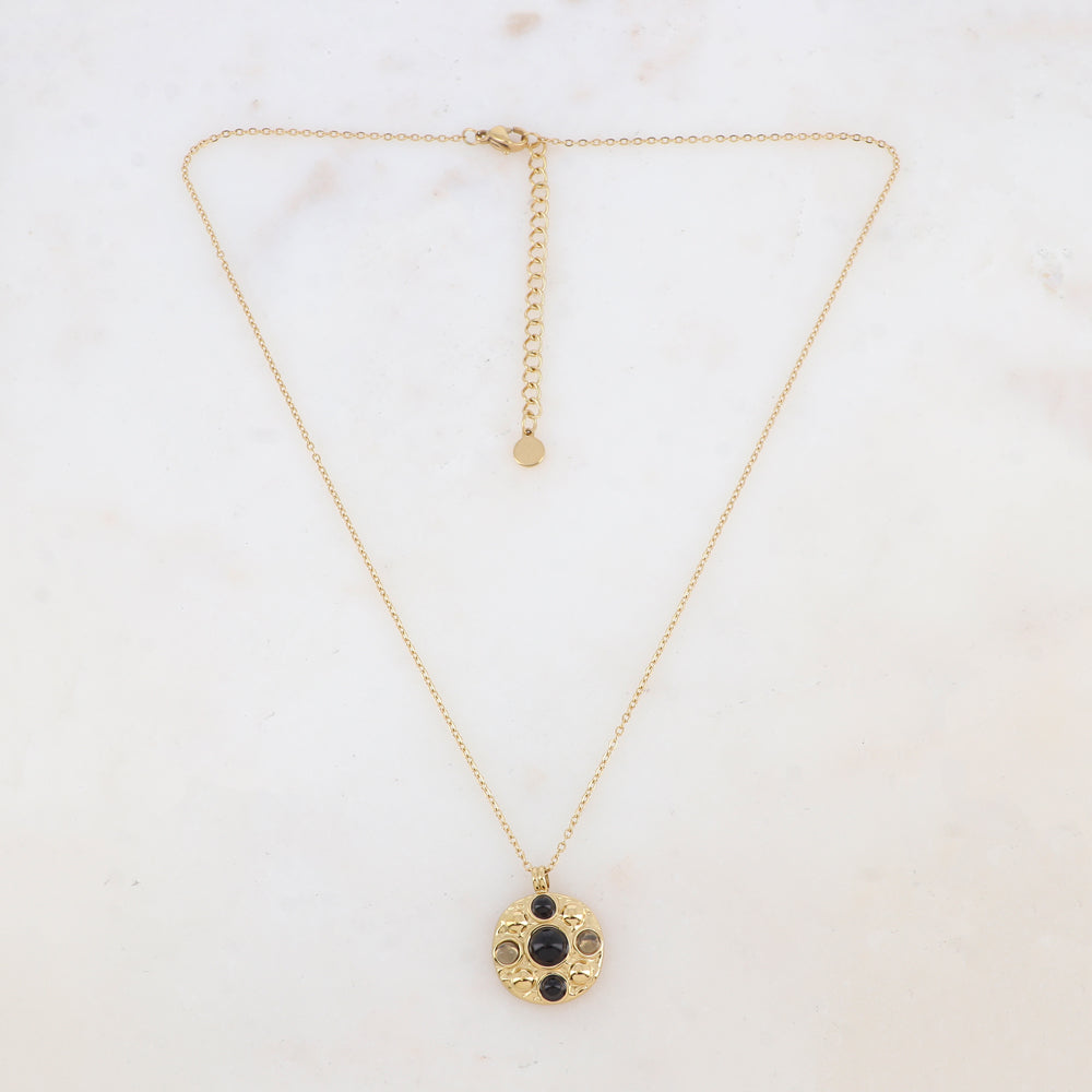 Collier avec pendentif rond et 5 pâtes de verre rondes (40+5CM)