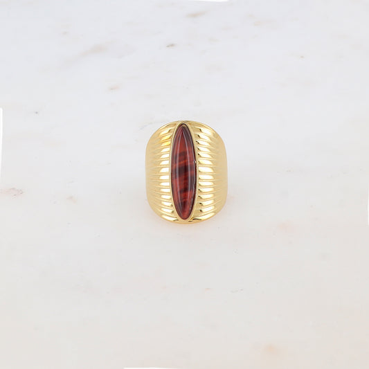 Bague ovale avec rainures et pierre naturelle - Œil de taureau