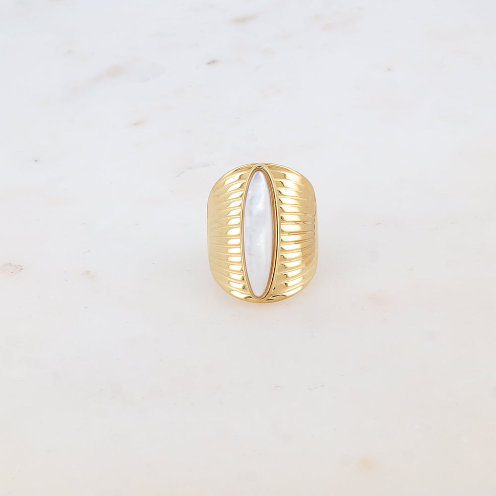 Bague ovale avec rainures et pierre naturelle - Nacre