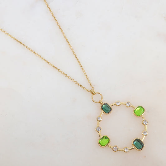 Sautoir avec pendentif anneau serti de strass blancs et de pâtes de verre (80+10CM)