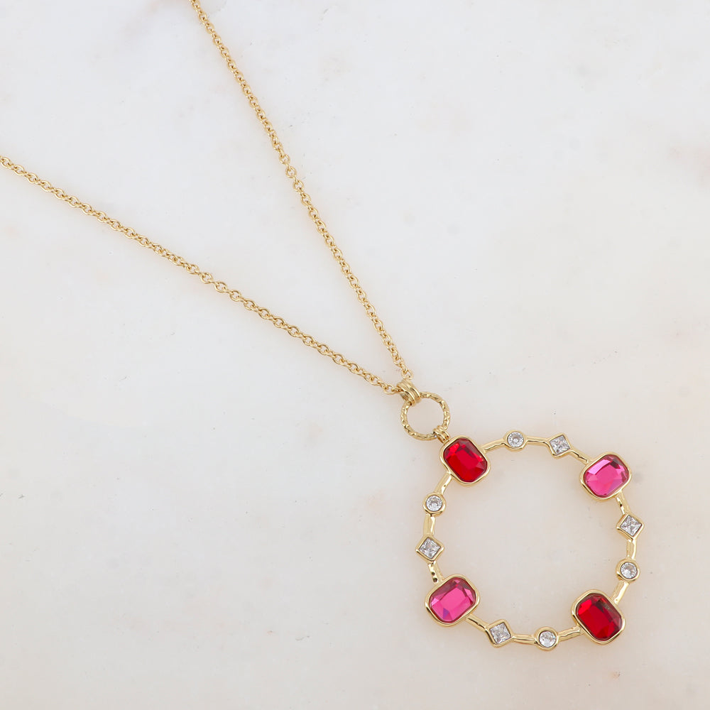 Sautoir avec pendentif anneau serti de strass blancs et de pâtes de verre (80+10CM)