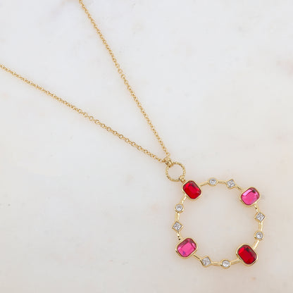 Sautoir avec pendentif anneau serti de strass blancs et de pâtes de verre (80+10CM)