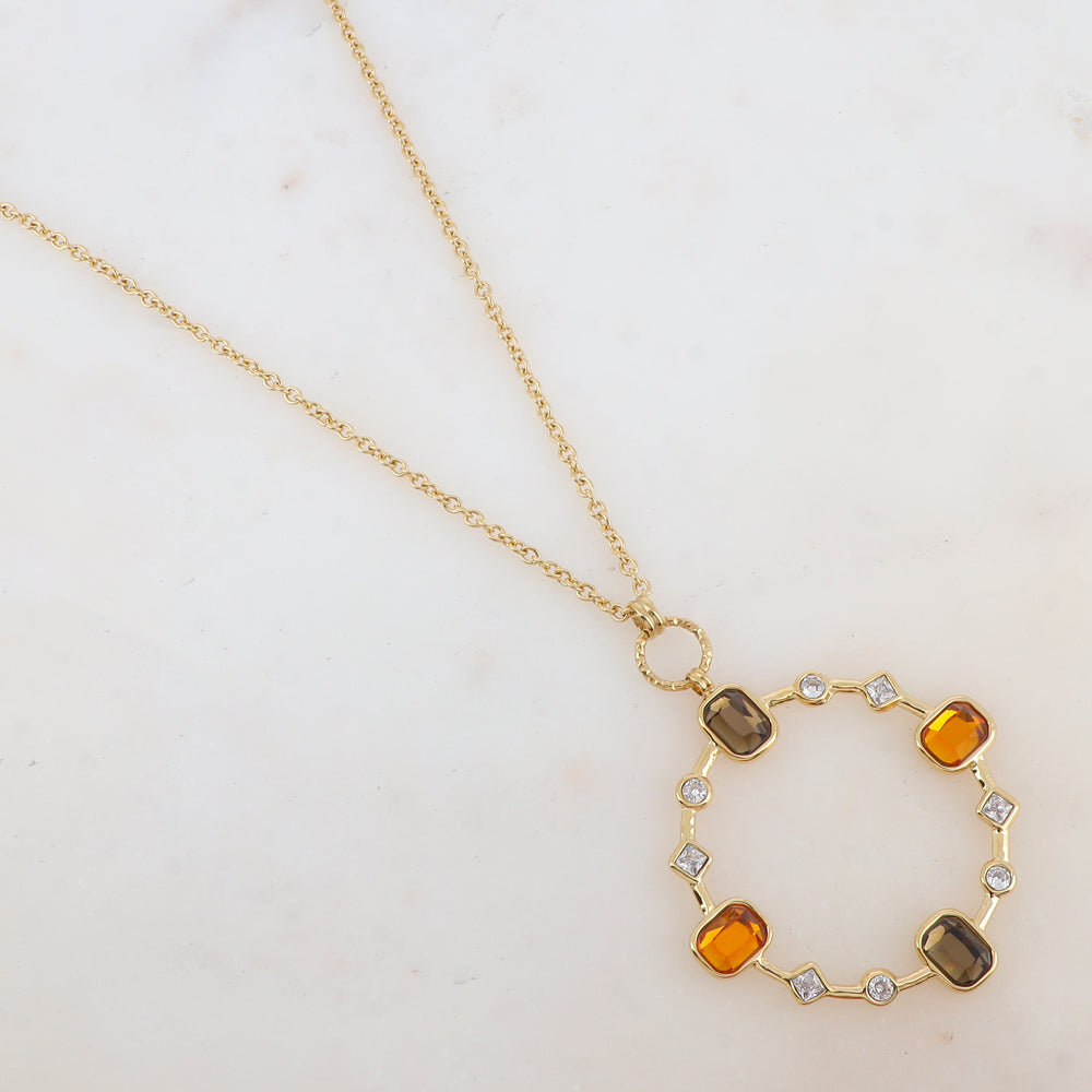 Sautoir avec pendentif anneau serti de strass blancs et de pâtes de verre (80+10CM)