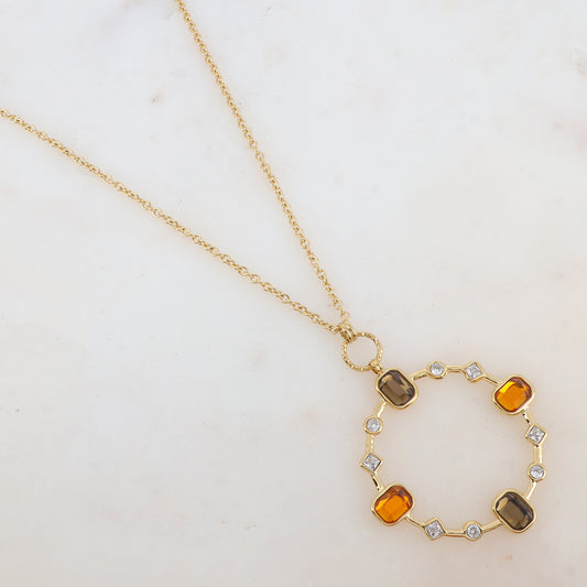 Sautoir avec pendentif anneau serti de strass blancs et de pâtes de verre (80+10CM)