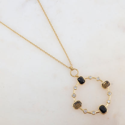 Sautoir avec pendentif anneau serti de strass blancs et de pâtes de verre (80+10CM)