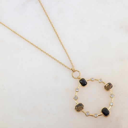 Sautoir avec pendentif anneau serti de strass blancs et de pâtes de verre (80+10CM)