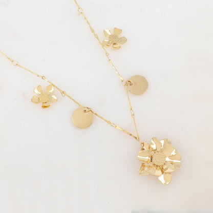 Collier avec 3 fleurs et 2 pampilles lisses (39+7CM)