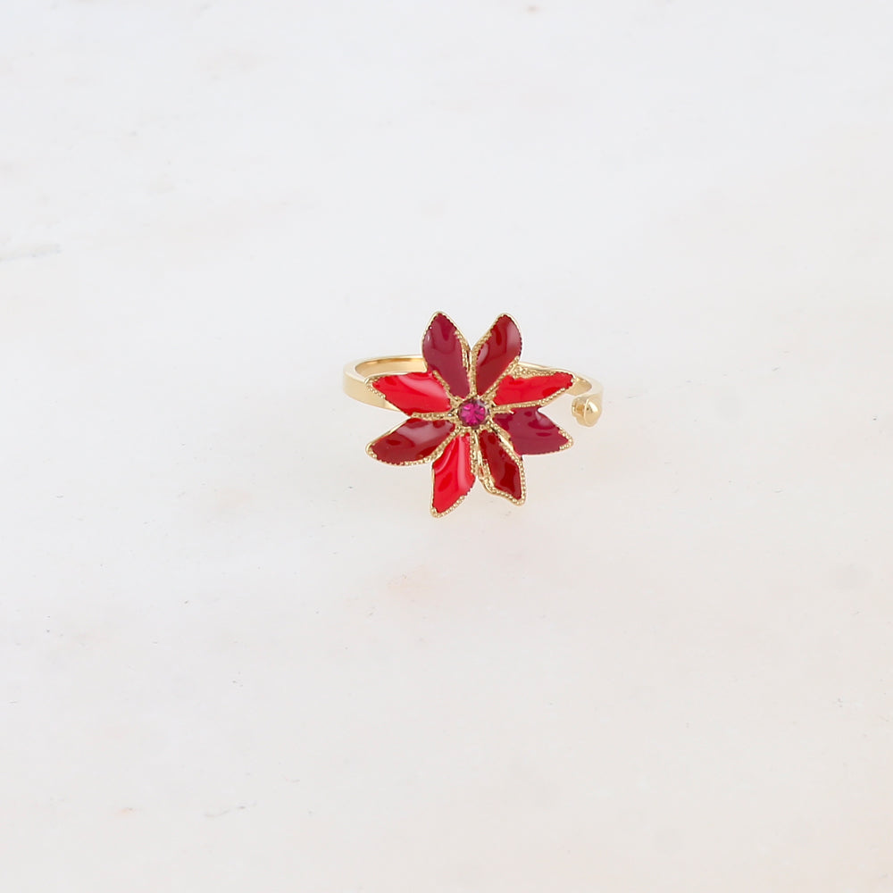 Bague ajustable avec fleur émaillée et strass - Bordeaux mix