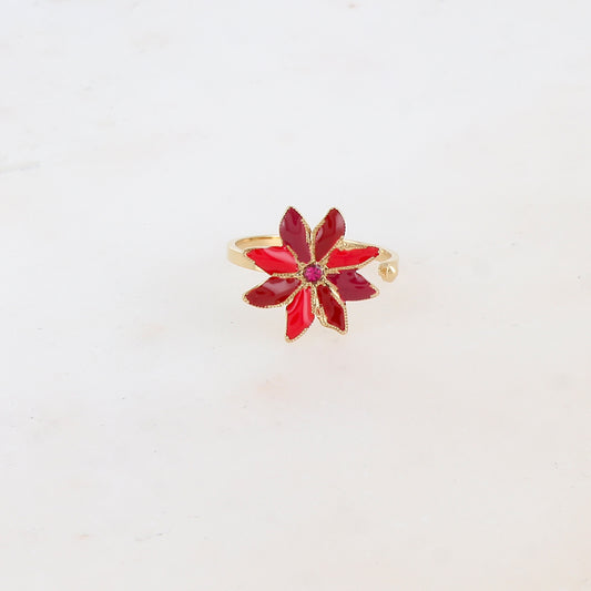 Bague ajustable avec fleur émaillée et strass - Bordeaux mix