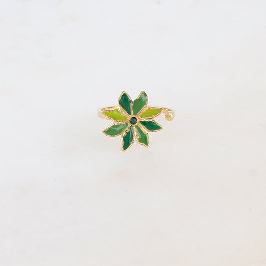 Bague ajustable avec fleur émaillée et strass - Vert mix