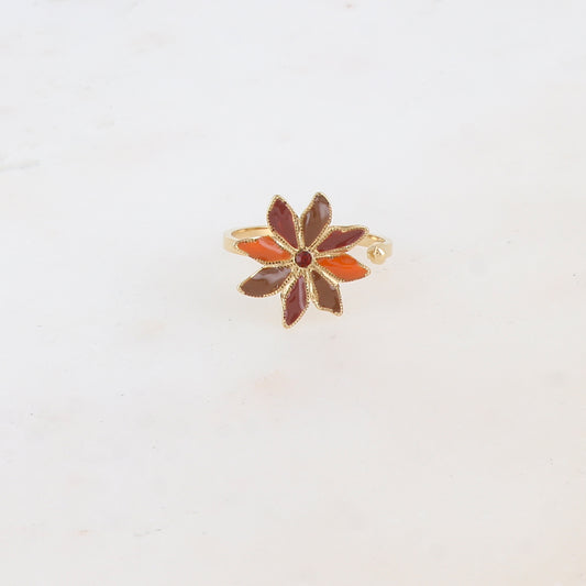 Bague ajustable avec fleur émaillée et strass - Marron