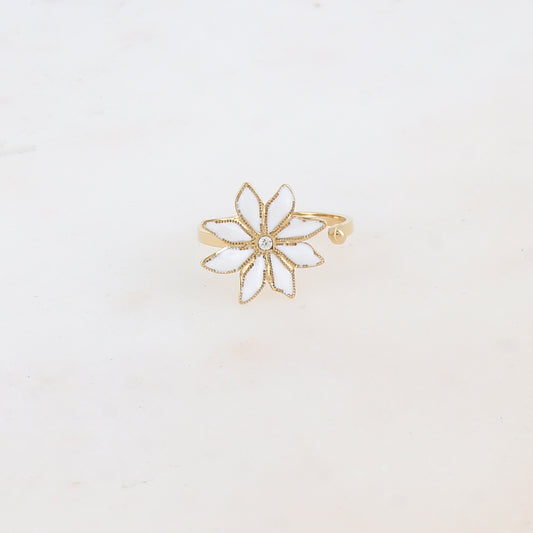 Bague ajustable avec fleur émaillée et strass - Blanc