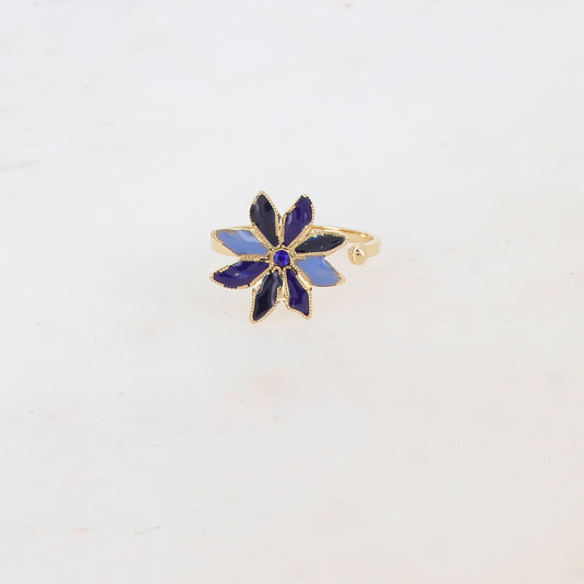 Bague ajustable avec fleur émaillée et strass - Bleu mix