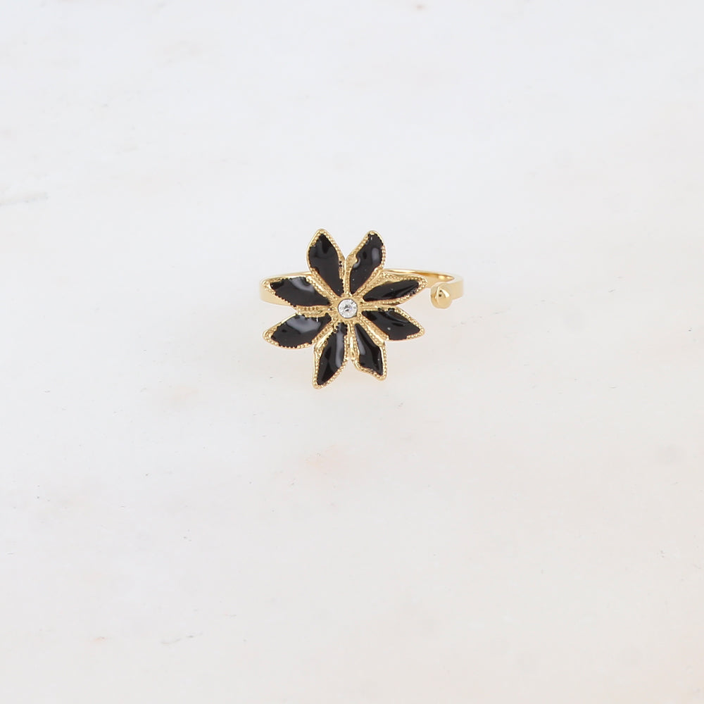 Bague ajustable avec fleur émaillée et strass - Noir mix