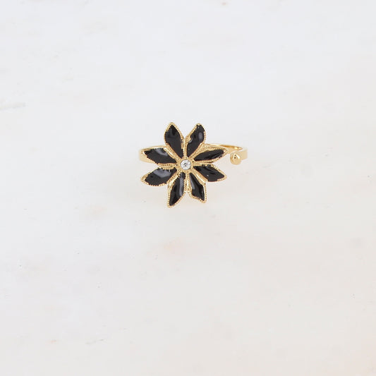 Bague ajustable avec fleur émaillée et strass - Noir mix