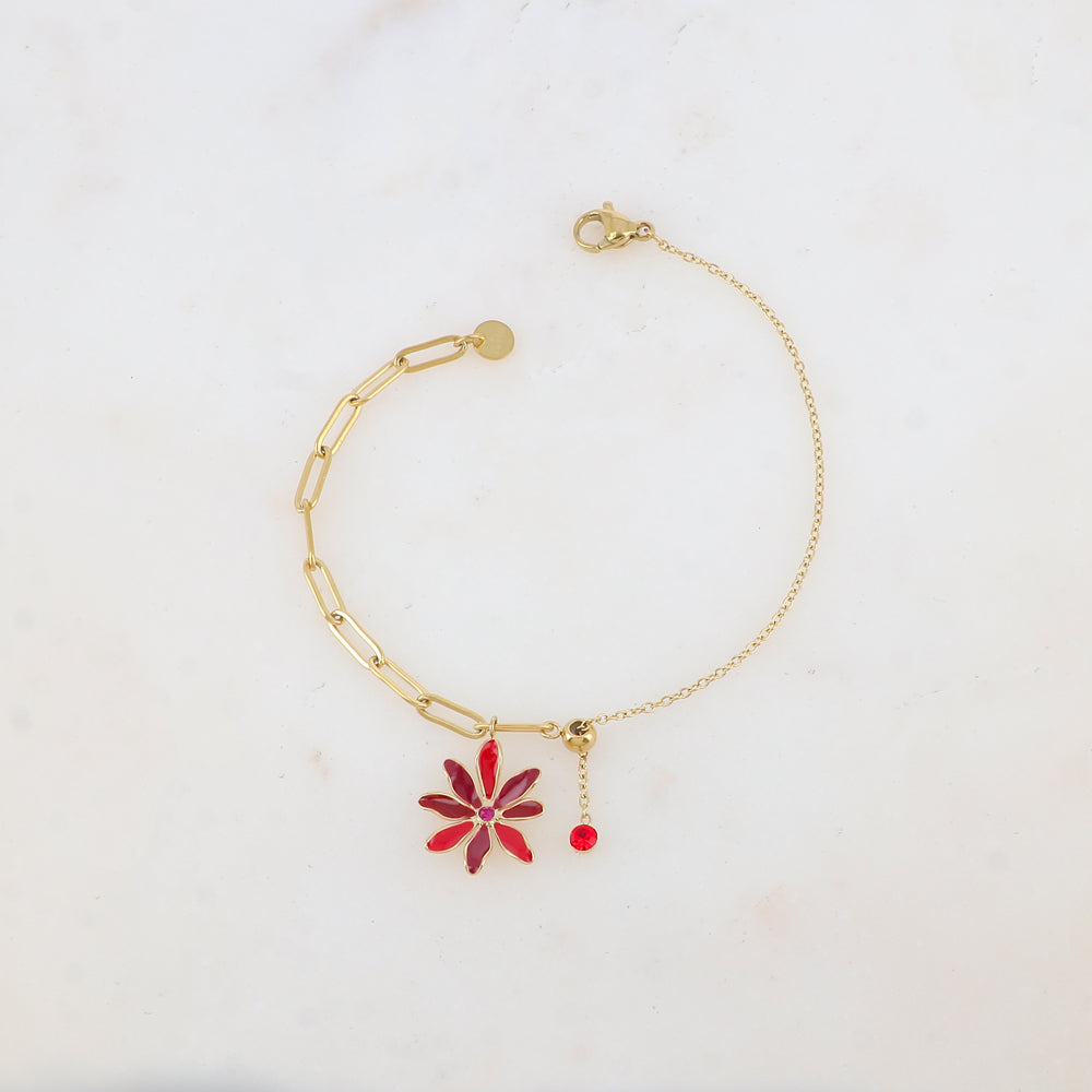 Bracelet avec maille, petite boule, fleur émaillée et strass
