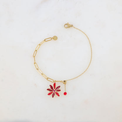 Bracelet avec maille, petite boule, fleur émaillée et strass
