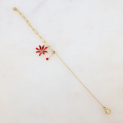 Bracelet avec maille, petite boule, fleur émaillée et strass