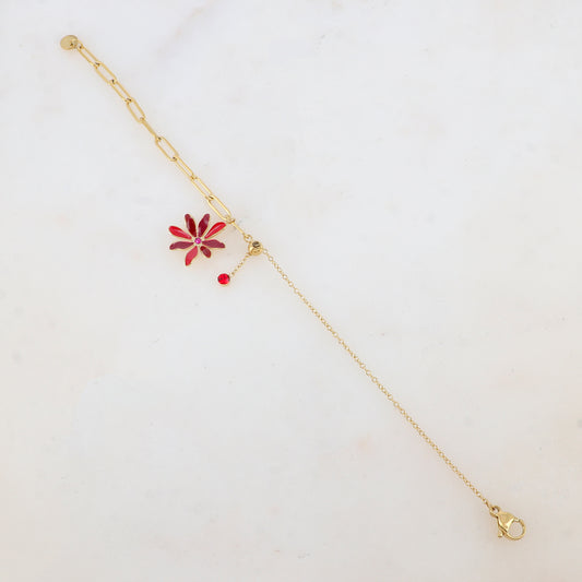 Bracelet avec maille, petite boule, fleur émaillée et strass