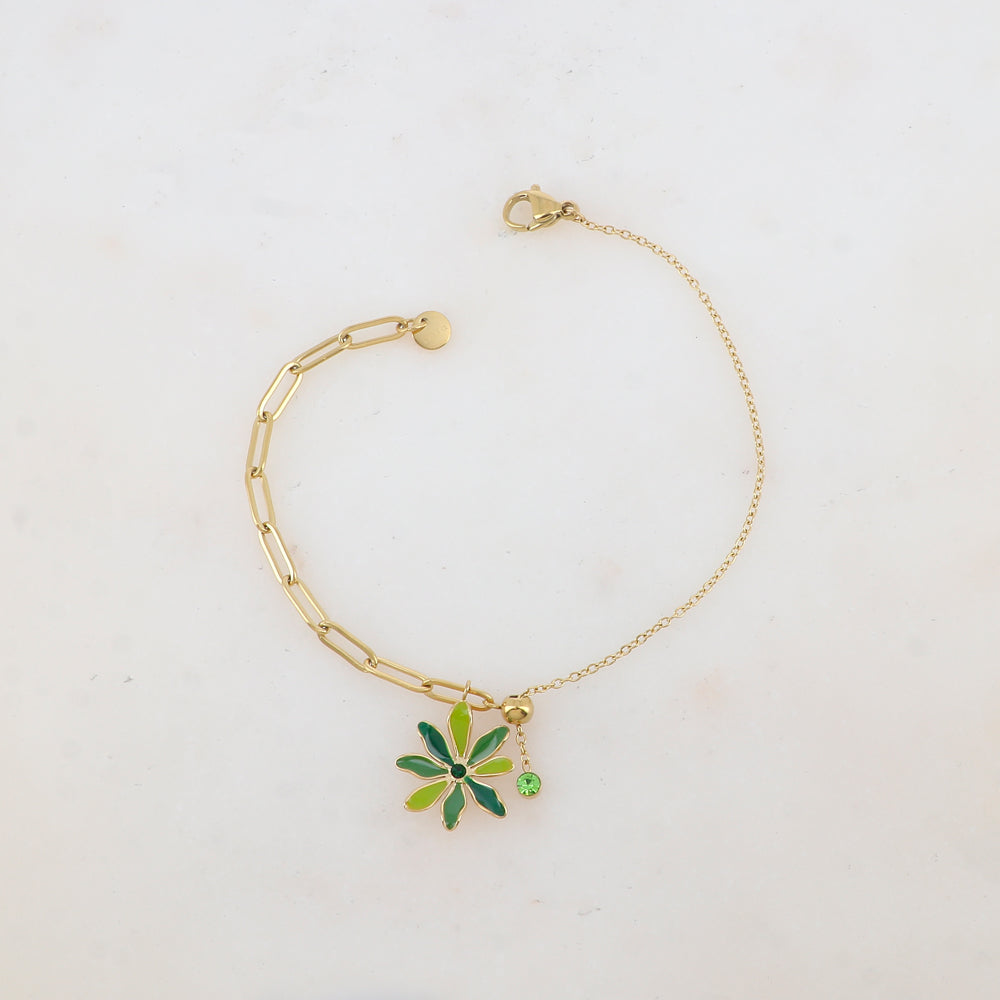 Bracelet avec maille, petite boule, fleur émaillée et strass