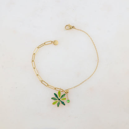 Bracelet avec maille, petite boule, fleur émaillée et strass
