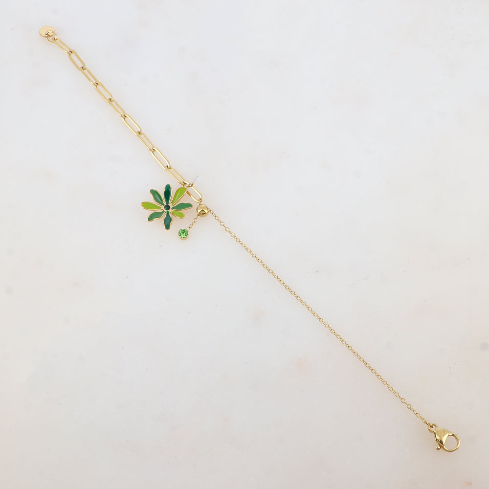 Bracelet avec maille, petite boule, fleur émaillée et strass