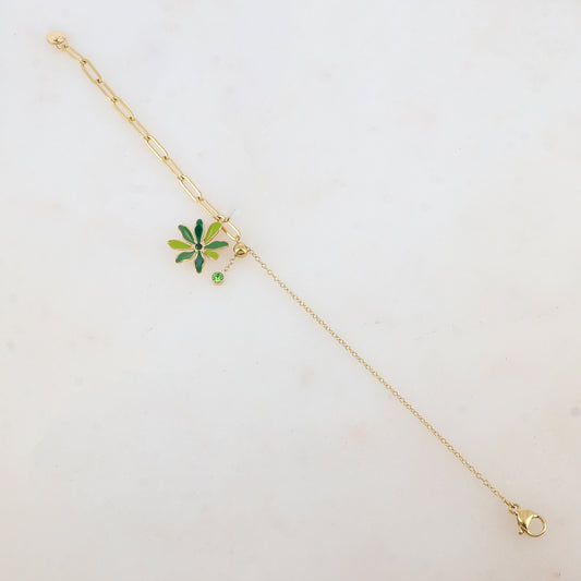 Bracelet avec maille, petite boule, fleur émaillée et strass