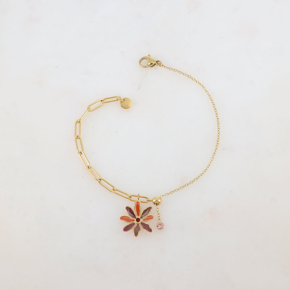 Bracelet avec maille, petite boule, fleur émaillée et strass