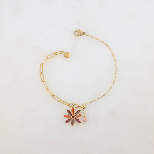Bracelet avec maille, petite boule, fleur émaillée et strass