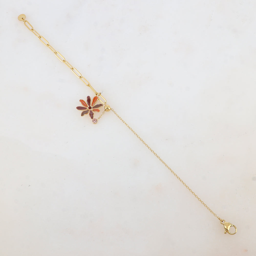 Bracelet avec maille, petite boule, fleur émaillée et strass