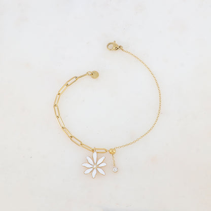 Bracelet avec maille, petite boule, fleur émaillée et strass