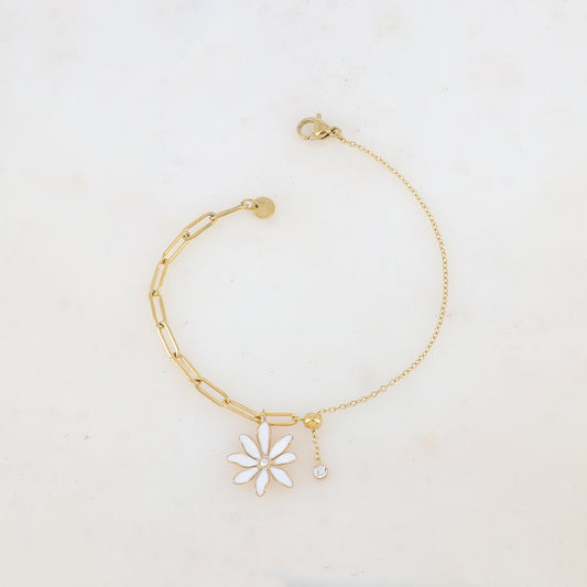 Bracelet avec maille, petite boule, fleur émaillée et strass