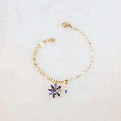 Bracelet avec maille, petite boule, fleur émaillée et strass